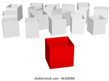 A group of empty shipping cartons with a special red box in front.
