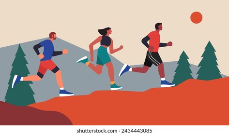 Grupo de personas energéticas sendero corriendo en el camino de montaña, concepto de deporte extremo y actividad al aire libre, diseño de ilustración vectorial plana