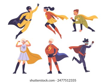 Group Of Energetic Superhero Kids Characters In Dynamic Poses Wearing Colorful Costumes And Capes, Vector Illustration