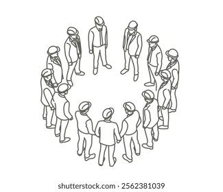 Group of engineers in construction helmets are standing in a circle, top view. Hand drawn vector illustration. Black and white.