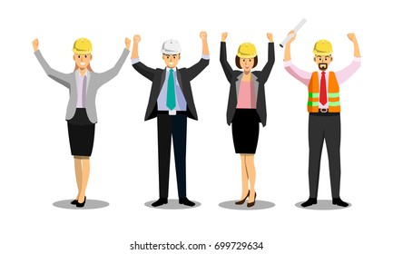 Group of engineers hands raised after achieve project, happiness and success concept, cartoon flat-style vector illustration.