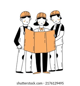Group of engineers looking at blueprint hand drawn outline vector illustration isolated on white in doodle style. Engineer day concept.