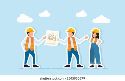 Group of engineers talking and reviewing paper project plans illustration of discussion on building construction implementation