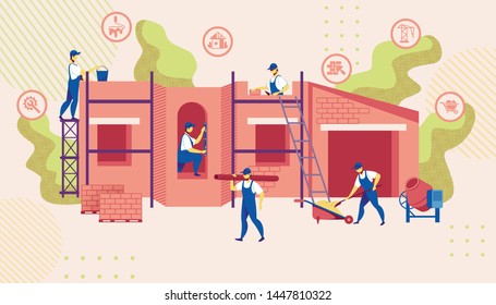 Group of Engineers in Working Robe and Helmets Build New Building Construction. Turnkey Houses Service. Equipment Tools. Carpenter Repairman, Builder, Home Master. Cartoon Flat Vector Illustration