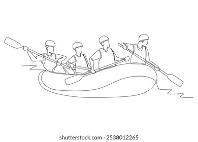 Grupo desfrutando de rafting. Projeto de rafting em rio desenho de uma linha