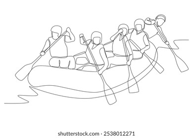 Grupo desfrutando de rafting. Projeto de rafting em rio desenho de uma linha