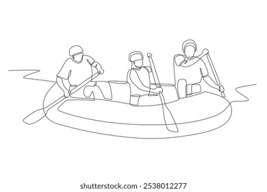 Grupo desfrutando de rafting. Projeto de rafting em rio desenho de uma linha