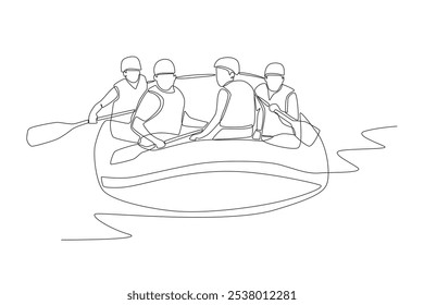 Grupo desfrutando de rafting. Projeto de rafting em rio desenho de uma linha