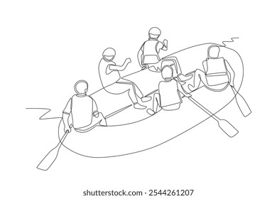 Grupo desfrutando de rafting. Projeto de rafting em rio desenho de uma linha