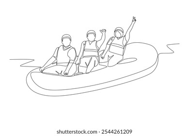 Grupo desfrutando de rafting. Projeto de rafting em rio desenho de uma linha