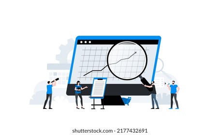 A group of entrepreneurs is standing near a monitor with financial charts. Animation ready duik friendly vector.