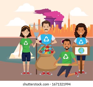 group of environmentalists recycling characters vector illustration design