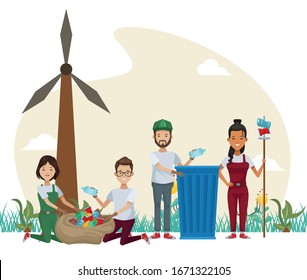 group of environmentalists recycling characters vector illustration design