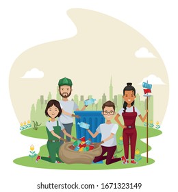 group of environmentalists recycling characters vector illustration design