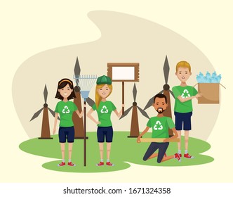 group of environmentalists recycling characters vector illustration design