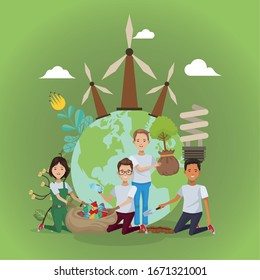 group of environmentalists with world planet earth vector illustration design