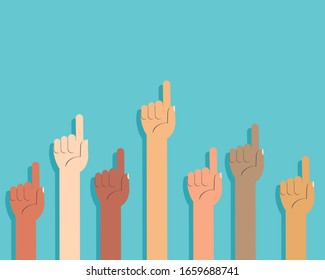 Group Ethnic Hands Up With One Finger. Cheer Up, Vote, Question, Comment, Teamwork, Encourage, Communication.