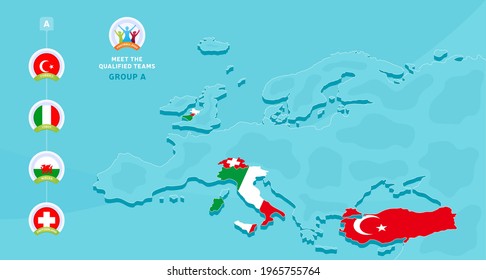 Group A European 2020 football championship Vector illustration with a map of Europe and highlighted countries flag that qualified to final stage and logo sign on blue background. euro 2020