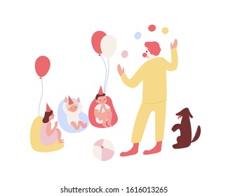 Group of excited children celebrating baby birthday with clown vector flat illustration. Happy kid having fun at holiday party isolated on white background. Cartoon comedian circus character with dog.
