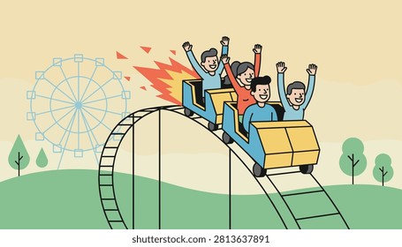 Group of excited friends riding a fast rocket roller coaster at an amusement park with a Ferris wheel in the background.