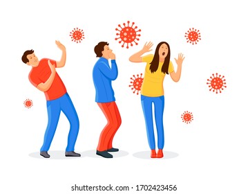 Group of excited people panic and scared of viruses, bacteria, infections flying around. Coronavirus epidemic concept. Avoidance of respiratory diseases, spread of viruses. Coronavirus in China vector