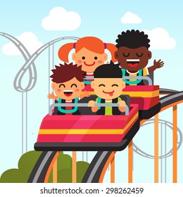 Group Of Excited, Smiling And Screaming Kids Riding Roller Coaster. Flat Style Vector Cartoon Illustration.