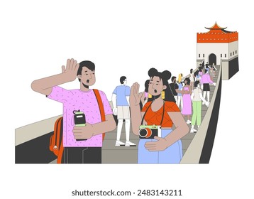 Group of excited tourists on great wall of china 2D linear cartoon characters. Excursion travelers isolated line vector people white background. Landmark sightseeing color flat spot illustration