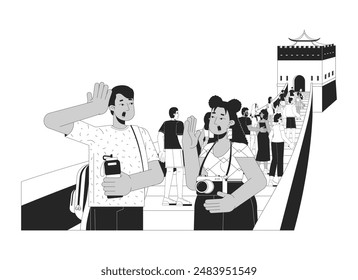 Group of excited tourists on great wall of china black and white 2D line cartoon characters. Excursion travelers isolated vector outline people. Travel sightseeing monochromatic flat spot illustration