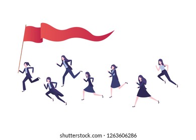 group of executives running with flag