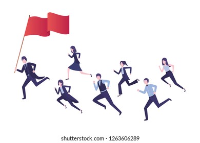 group of executives running with flag