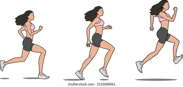 Gruppe von Übungen einer Frau springen. Fitness-Frau in Vektorgrafiken einzeln.