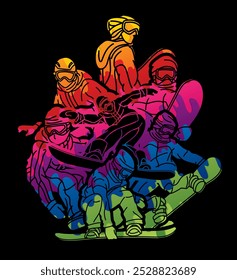 Grupo de jugadores deportivos extremos Jugadores de snowboard Snowboarder Mix Acción Dibujos animados Vector gráfico
