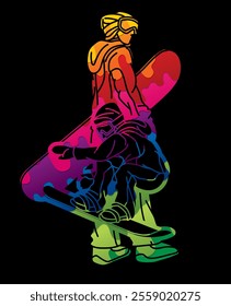 Group of Extreme Sport Players Snowboard Players Graffiti Snowboarder Mix Action Cartoon Graphic Vector