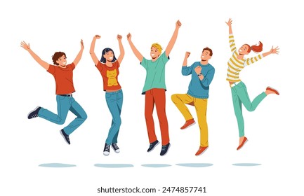 A group of exuberant young individuals jumping in the air with infectious joy and energy. Their beaming smiles and casual attire create a carefree atmosphere against a isolated white background.