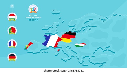 Group F European 2020 football championship Vector illustration with a map of Europe and highlighted countries flag that qualified to final stage and logo sign on blue background. euro 2020