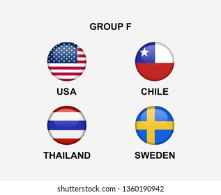 group F of nation flag in badge icon. Concept for team that qualified to final round of women soccer or sport tournament. Vector illustrative