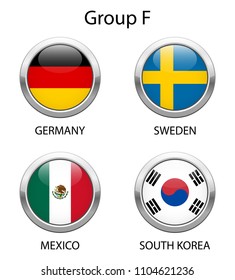 Group F. Shiny metallic icons buttons with national flags isolated on white background.
