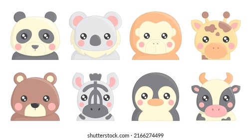 Group face of animal various type in cartoon character isolated on white background, vector illustration