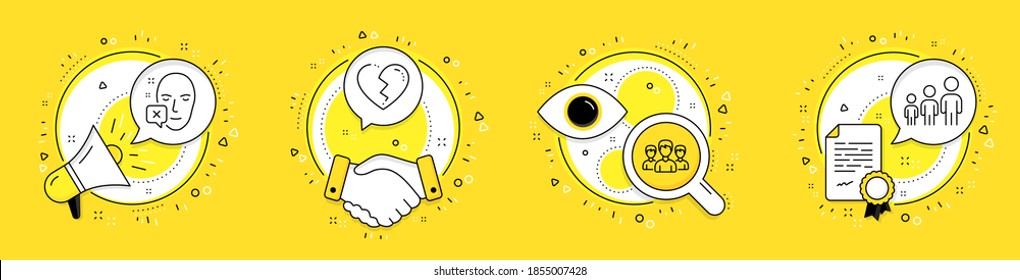 Grupo, Rostro declinado y Los iconos de línea cardíaca rota conjunto. Megáfono, licencia e íconos vectores de tráfico. Signo de jerarquía comercial. Grupo de personas, error de identificación, extremo de amor. Organización. Vector