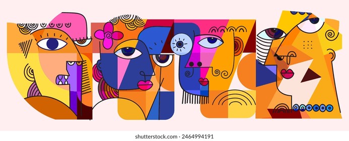 Ilustración vectorial de arte de pared de abstracción de retrato de cara de grupo. Formas creativas, garabatos, decorativas, geométricas, gráficas con diseño de colores texturizados. Estética para tarjetas, póster, portada, fondo.