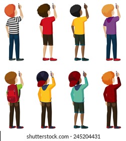 A group of faceless kids writing on a white background