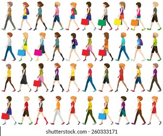 Group of faceless people walking on a white background