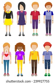 A group of faceless teenagers on a white background 