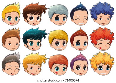 Group Of Faces With Different Expressions And Hair. Cartoon And Vector Isolated Objects.