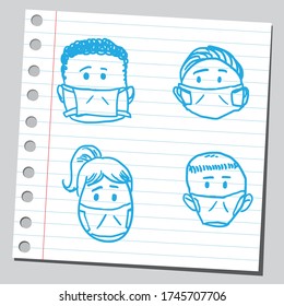 Group of faces wearing protective masks. Virus prevention concept.