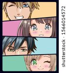 group of faces young people anime style characters vector illustration design