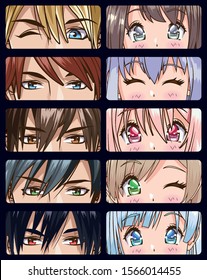 group of faces young people anime style characters vector illustration design