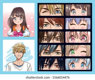 group of faces young people anime style characters vector illustration design