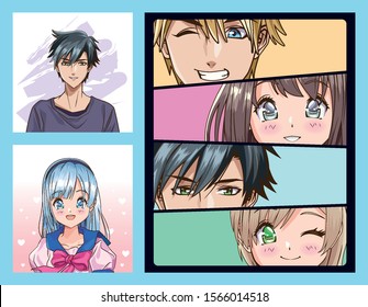 group of faces young people anime style characters vector illustration design