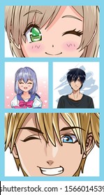 group of faces young people anime style characters vector illustration design